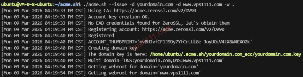 使用 ACME.sh 自动化安装 SSL 证书并重载 Nginx 的终端操作演示
