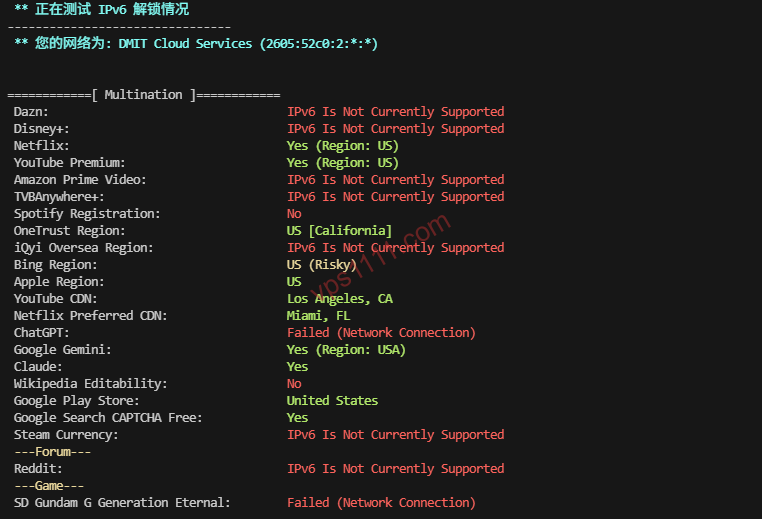 DMIT IPv6-only VPS 流媒体与 AI 解锁测试：Netflix 与 Gemini 成功，但 ChatGPT 及多数流媒体因不支持 IPv6 导致连接失败