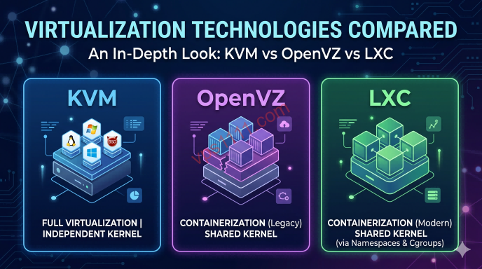 KVM、OpenVZ、LXCの仮想化アーキテクチャ比較図：KVMの独立カーネル型フル仮想化 vs 共有カーネル型コンテナ技術