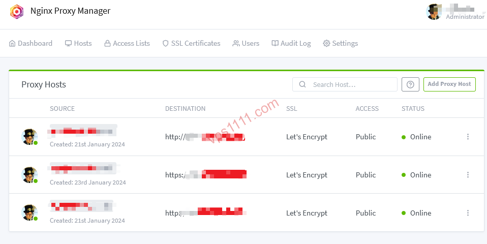 Nginx Proxy Manager ログイン画面と管理ダッシュボードの構成図