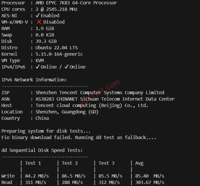 Terminal performance test on a cloud VPS, showing an AMD EPYC 7K83 processor (2-core, 2GB RAM) and IPv6 network details.