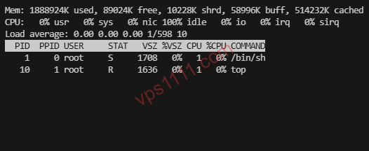在 Alpine Linux 中运行 top 命令，展示其抛弃 systemd 后极其干净的后台进程树与极低的系统级资源开销。