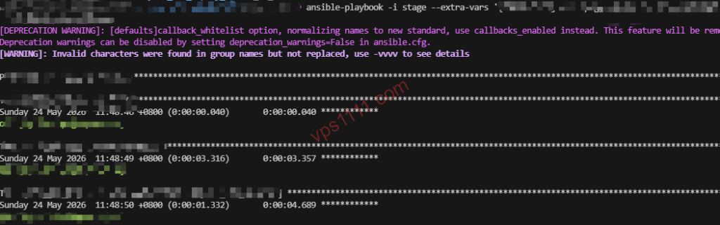 脱离小白面板:使用Ansible批量管理、更新你手里的100台吃灰VPS Ansible playbook执行终端输出,显示跨系统兼容更新的执行回显与任务耗时统计