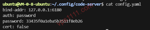 code-server 配置文件内容，显示监听本地 6180 端口，密码为 33435f0a1eba5b3511f8eb26，证书已关闭