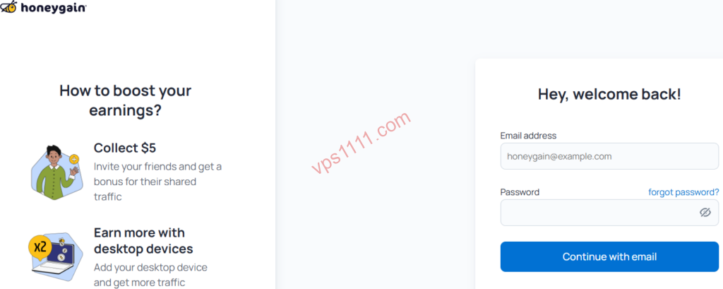 Honeygain官方登录界面，用于获取部署VPS Docker挂机节点所需的账号凭证