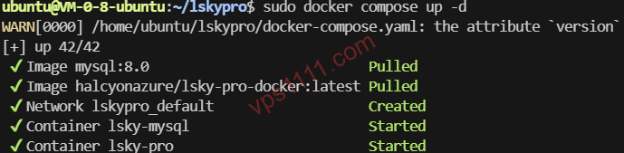 兰空图床 Lsky Pro 使用 Docker Compose 一键部署成功：终端显示 mysql 与 lsky-pro 容器 Started 运行状态