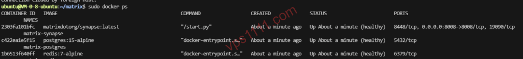 团队协作私有化:在轻量服务器上部署 Matrix (Synapse) 实现端到端加密聊天 Linux终端执行docker ps命令查看Matrix Synapse服务运行状态,显示postgres、redis和synapse三个容器均处于healthy健康状态
