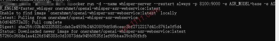 自建私有语音转文字服务器:在VPS上部署Whisper 彻底告别API计费 在 Linux VPS 上成功通过 Docker 拉取并启动 openai-whisper-asr-webservice 容器的终端输出画面。